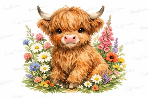 Download Watercolor Highland Cow Wildflower PNG - Wildflower png Collection